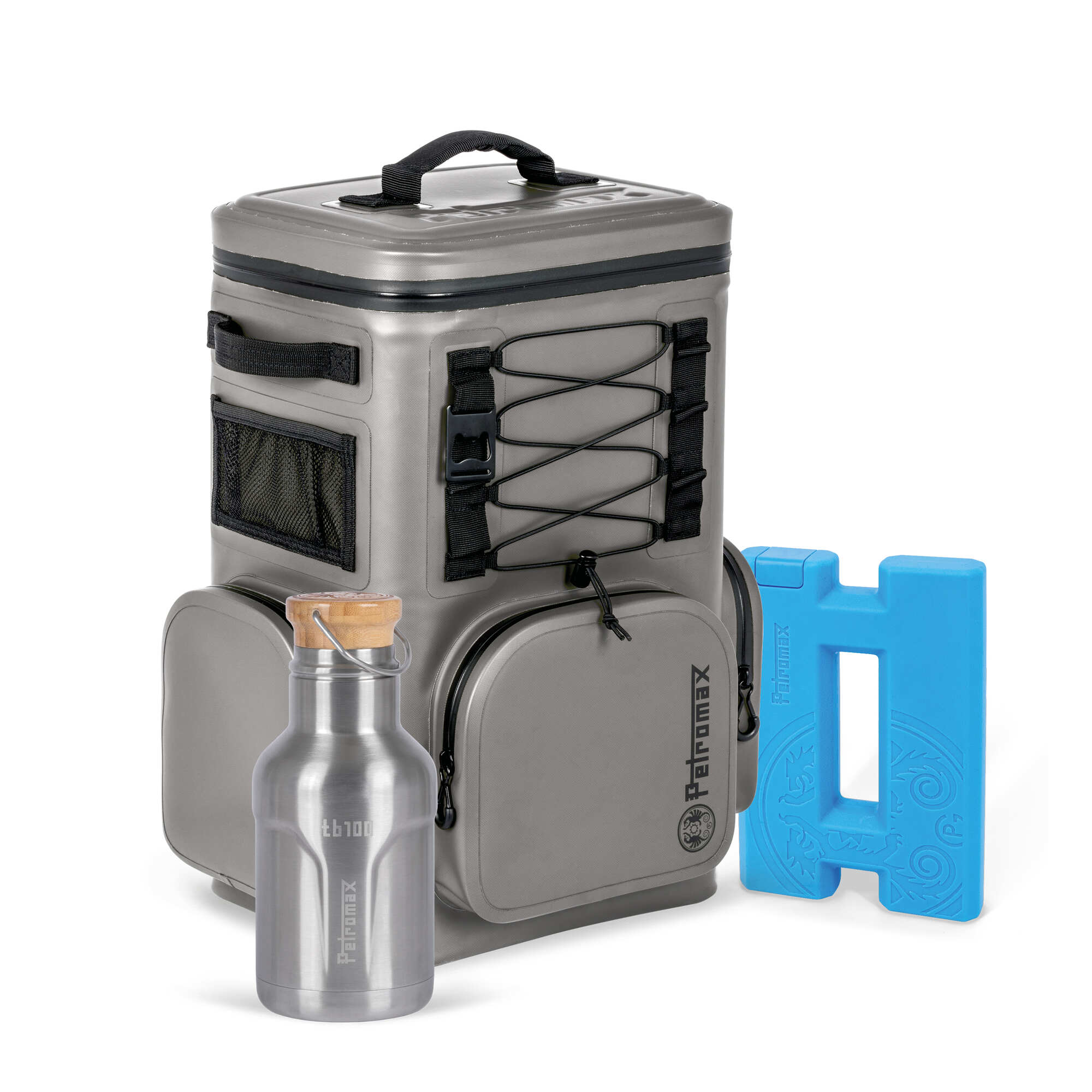 Kühlrucksack mit Kühlakku & Isolierflasche Grau - 17 Liter 1 Kühlrucksack mit Kühlakku & Isolierflasche Grau - 17 Liter