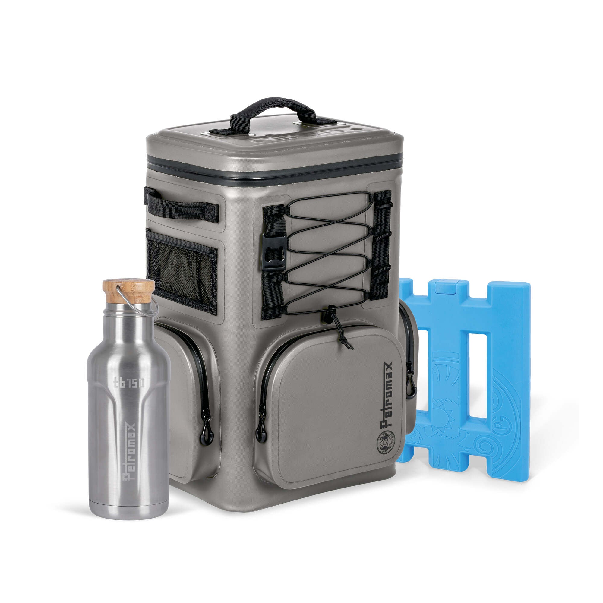 Kühlrucksack mit Kühlakku & Isolierflasche Grau - 27 Liter 1 Kühlrucksack mit Kühlakku & Isolierflasche Grau - 27 Liter